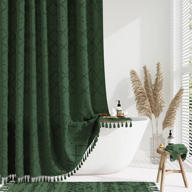 Dynamene Dark Green Fabric Shower Curtain  Boho Tufted Geometric Striped Tassel Shower Curtain for Bathroom  Shabby Chic Textured Farmhouse Waterproof