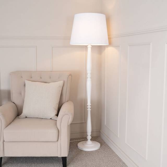 ValueLights Victoria White Fabric Tapered Shade White Wood Traditional Stem LED Floor Lamp - 156 x 46 x 46cm