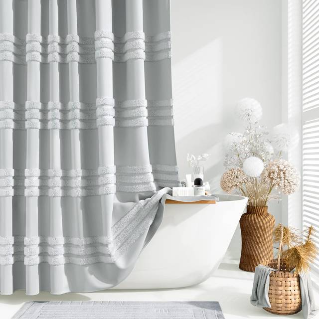 Dynamene 78 Inch Long Shower Curtain  Textured Tufted Chenille Striped Tall Fabric Shower Curtain for Bathroom  Large Hotel Spa Luxury Waterproof Clot