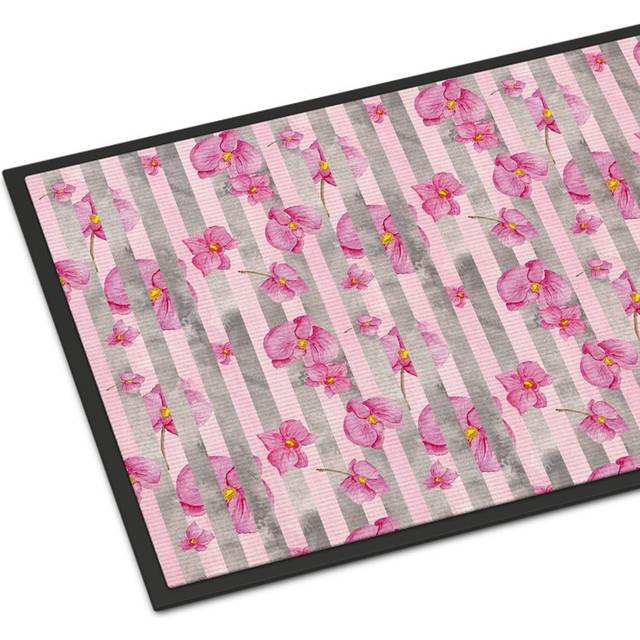 """""Caroline's Treasures Watercolor Pink Flowers Grey Stripes Indoor or Outdoor Doormat  24"""""""" H x 36"""""""" W  Multicolor"""""
