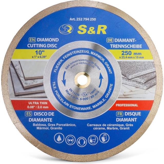 S&R Diamond Saw Blade 250 * 25,4 * 7 mm (1,6 mm), cutting disc for porcelain, fine stoneware, hard tiles, granite