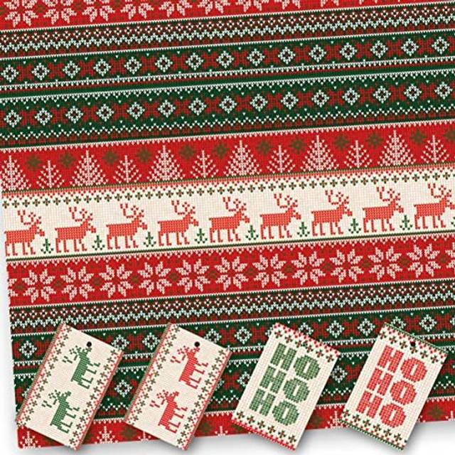 Christmas Wrapping Paper. 8 XL Sheets (50 x 70cm). Fun Christmas Jumper design. Gift Wrap with matching Tags. Cutting grid on reverse.