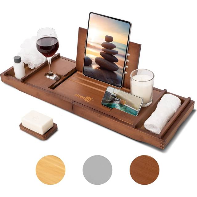 Homiu Adjustable Width Bamboo Bath Caddy, Dark Brown