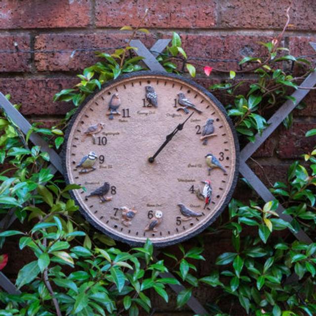 Wild Birds Design Indoor or Outdoor Clock - Battery Powered Weather Resistant Wall Fence Clock for Home or Garden - 30cm Diameter - Brown - One Size