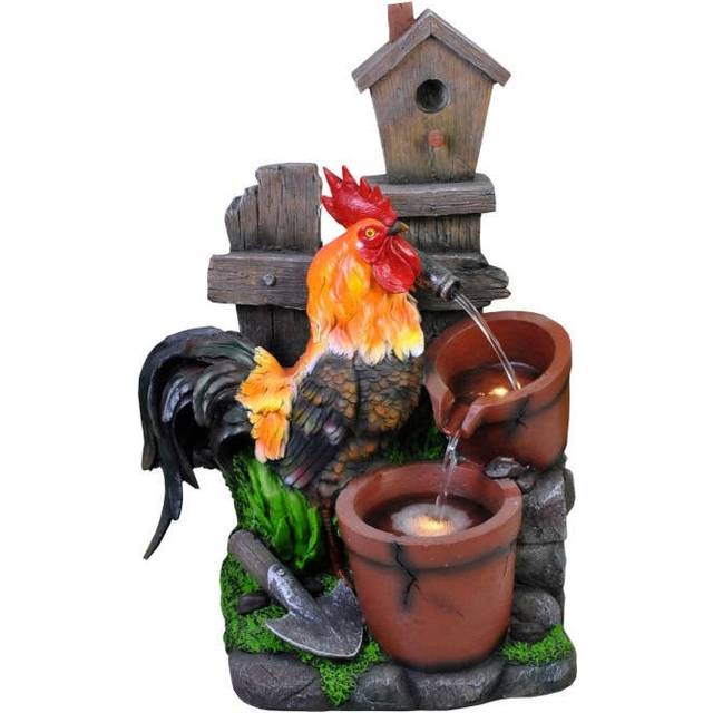 'Rooster' Water Feature Solar Powered Pouring Pots Battery LEDs 57cm - Multi - One Size