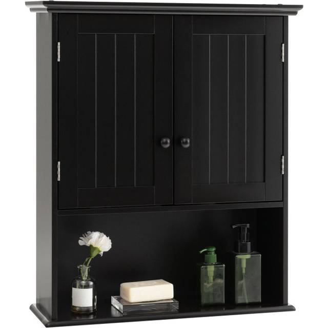 Costway Wall Mounted Bathroom Storage Cabinet With Adjustable Shelf-black, Black