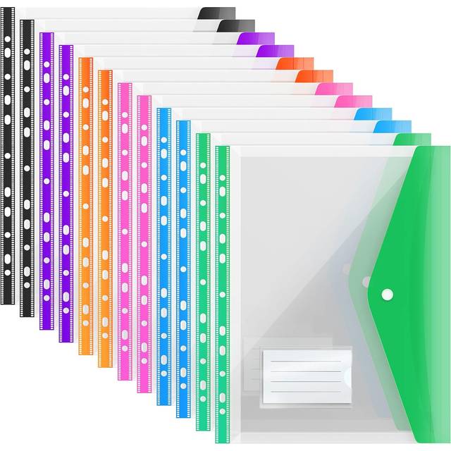 ABC life Pack of 12 A4 Plastic Expanding Punched File Folders Pockets with Press Stud Closure and Label Pouch, 6 Colours