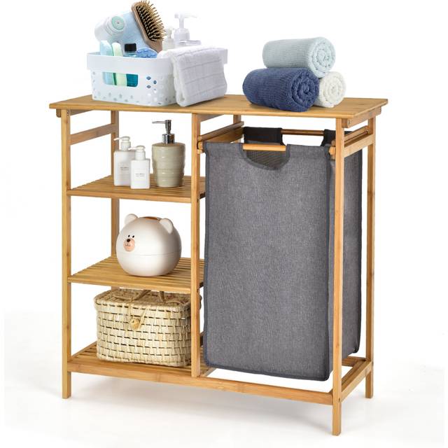 Bamboo Laundry Hamper Stand 3-tier Laundry Organizer with Removable Sliding Bag