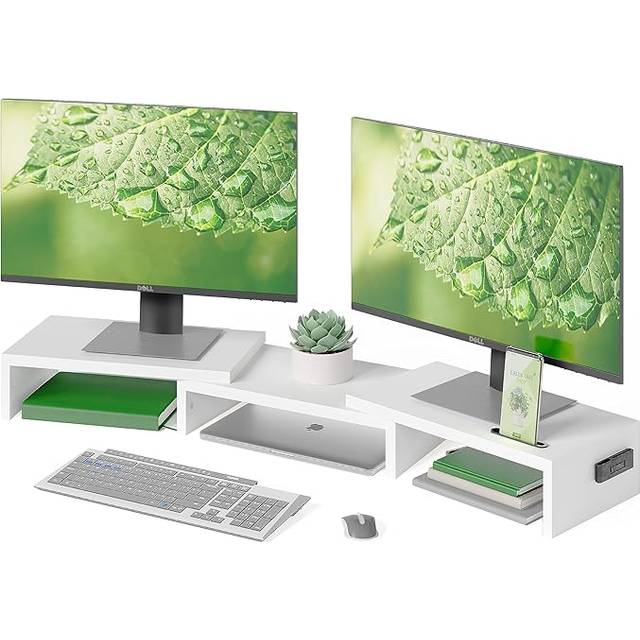 BONTEC Dubbel bildskärmsstativ - Justerbar längd och vinkel Trä Desktop Organizer Stativ med Smartphonehållare - PC Monitor, Laptop, Skrivare Riser för Skrivbordsorganisation - Vit
