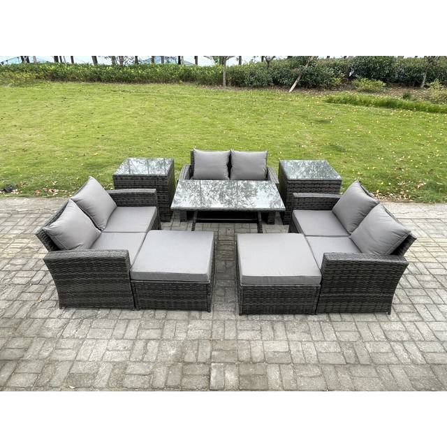 Fimous Outdoor Lounge Sofa Set Wicker PE Rattan Garden Furniture Set with Rectangular Dining Table 2 Seat Sofa 2 Big Footstool 2 Side Tables Dark Grey