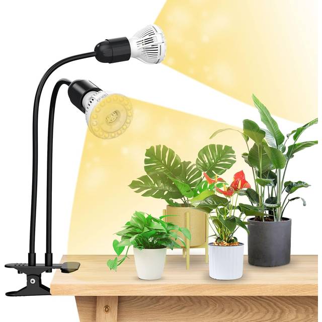 300W LED Grow Lights for Indoor Plants with Lifetime Free E27 Grow Bulb Replacement, Full Spectrum Doule Gooseneck Clip Plant Grow Lamp with Optical