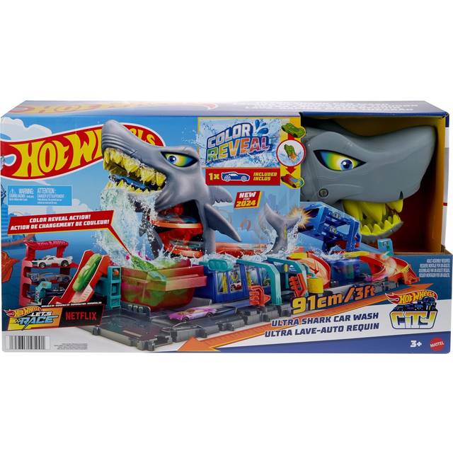 Hot Wheels City ”Let’s Race” Netflix - banset för leksaksbilar, hajbiltvätt med leksaksbil i skala 1:64 och färgförändringsfunktion som går att upprepa många gånger, förvaring, HTN82