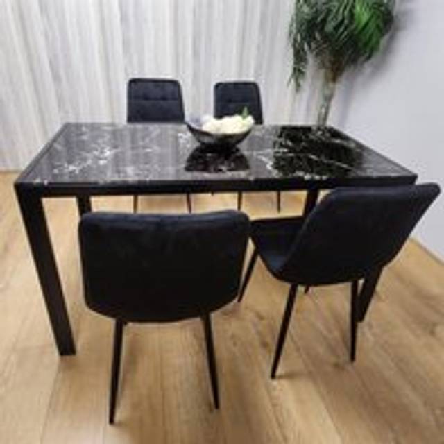 Portland Marble Effect Glass 4 Seater Velvet Dining Set Black