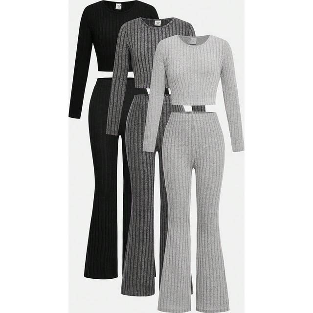 SHEIN Tween Girl 3pcs Casual Knit Plain Crew Neck Long Sleeve Activewear Set
