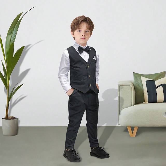 SHEIN 2024 New Style Gentleman Suit Set For Young Boys, 4pcs - Shirt, Vest, Bow Tie , Pants, Kids School Performance Outfit, Formal Wear For Wedding & Holid