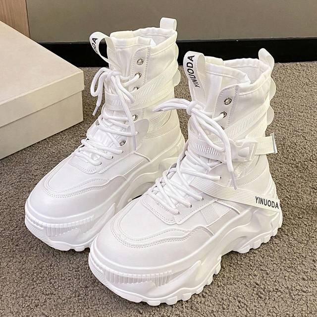 SHEIN Women Mid-Calf Lace-Up Thick-Soled Boots With Non-Slip Soles, Round Toe Princess Boots With Street Style, White Leather, Autumn/Winter