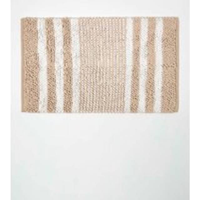 Homescapes Beige and White Chenille Stripe Bath Mat 100% Cotton, 50 x 80 cm, Machine Washable, Super Absorbent, Soft and Tufted, Textured Reverse - Natural