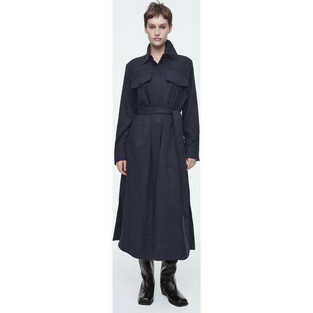 Belted Midi Shirt Dress - Navy - 38