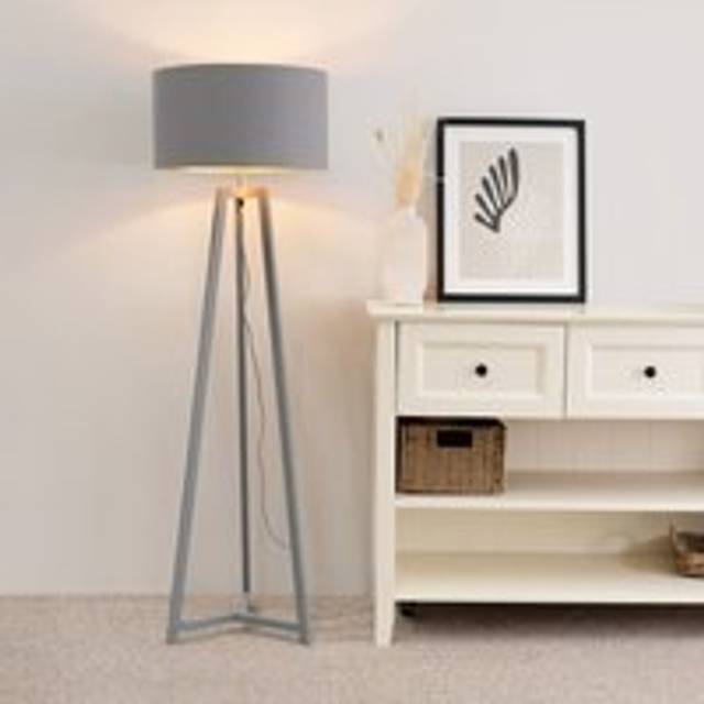 ValueLights Lottie Grey and Copper Drum Shade Grey Wood Tripod LED Floor Lamp - 148 x 45 x 45cm