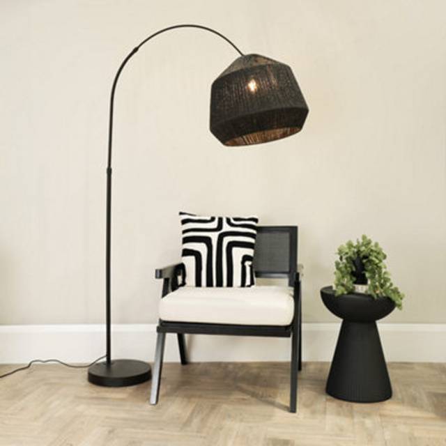 Louis Black Arched Curved Floor Lamp with Black Paper Lamp Shade with led Bulb