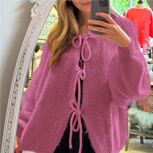 INAWLY Women&#39;s Solid Color Front Tie Casual Long Sleeve Cardigan