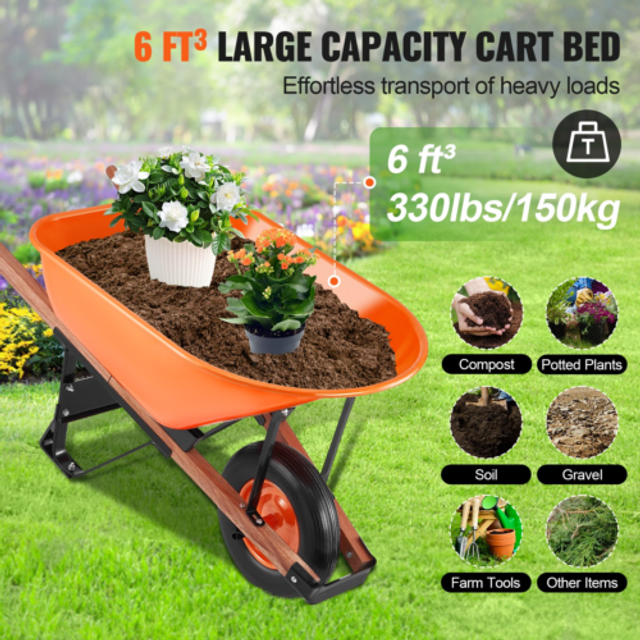 VEVOR Wheelbarrow Cart 330 lbs Capacity One Wheel Garden Dump Cart Wheel Barrow with Handle &&#xA0; 16&#34;&#xA0; - 2 wheels 5