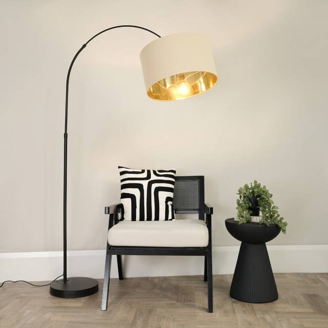 Louis Black Arched Curved Floor Lamp with Beige and Metallic Gold Inner Shade - One Size
