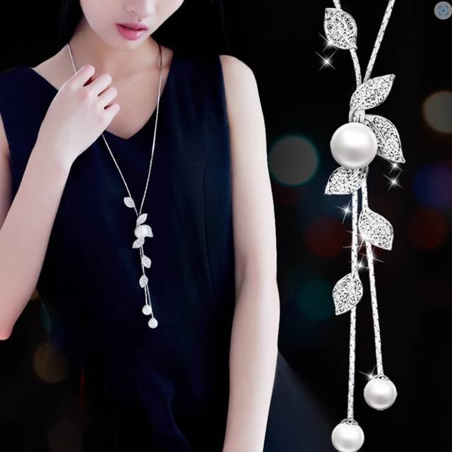 SHEIN Long Necklace Rhinestone Leaf & Faux Pearl Decor Y Lariat Sweater Chain Necklace
