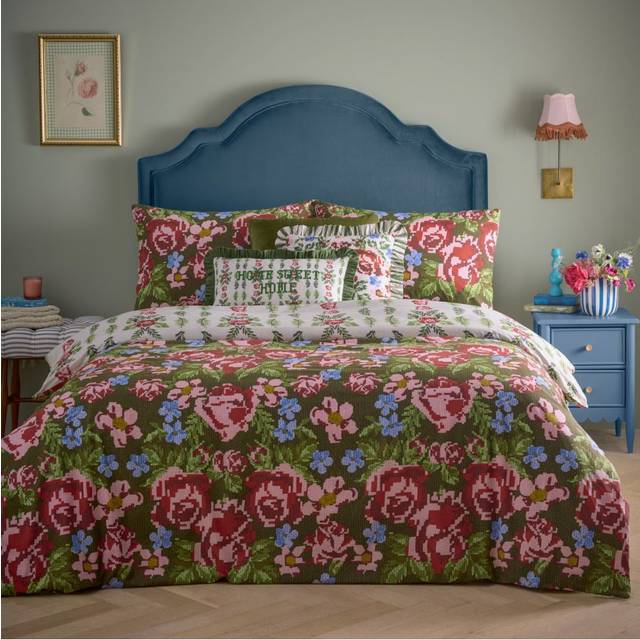 Feeoni Cottage Floral Duvet Cover Set - Green;Pink (Super King Duvet Cover + 2 Standard Pillowcase)