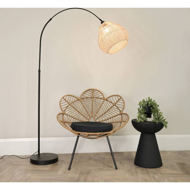 Louis Black Arched Curved Floor Lamp with Rattan Teardrop Lamp Shade - Natural - One Size