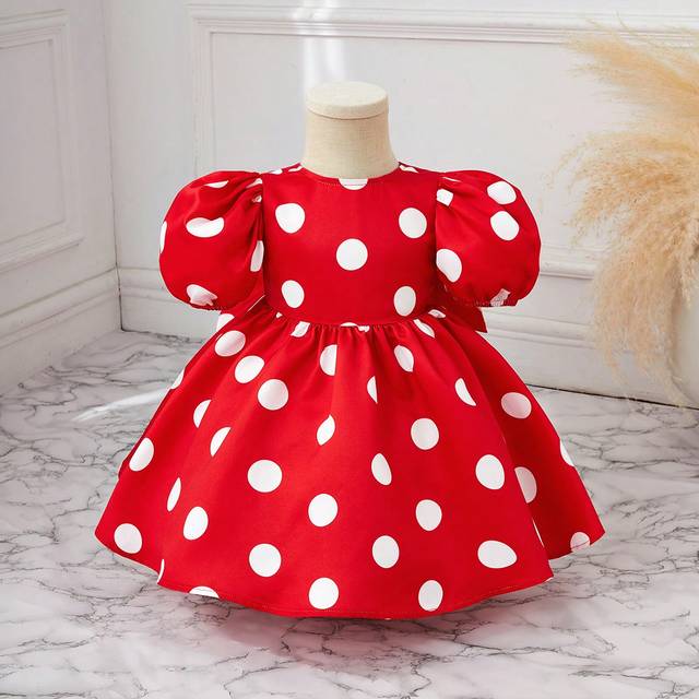 SHEIN Baby Girls&#39; Casual Cute Polka Dot Bubble Short-sleeved Dress With Bowknot