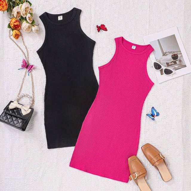SHEIN Teenage Girls&#39; Knitted Solid Color Ribbed Sleeveless Dress 2pcs/set