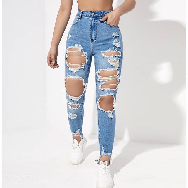 SHEIN High Waisted Ripped Raw Hem Cutout Skinny Jeans Ripped Jeans