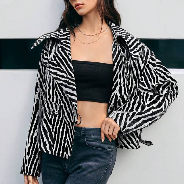 Anewsta Zebra Print Side Zip Pocket Jacket