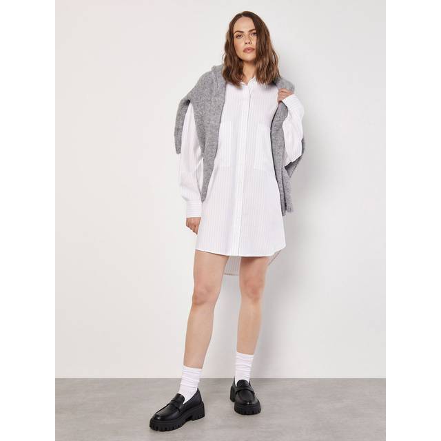 Pinstripe Oversized Shirt Mini Dress - White - 10