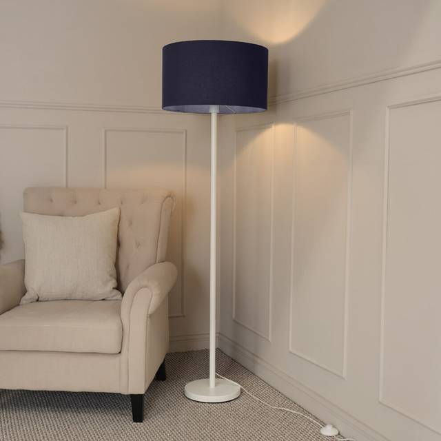 ValueLights Charlie Navy Blue Drum Shade White Single Stem LED Floor Lamp - 148 x 45 x 45cm