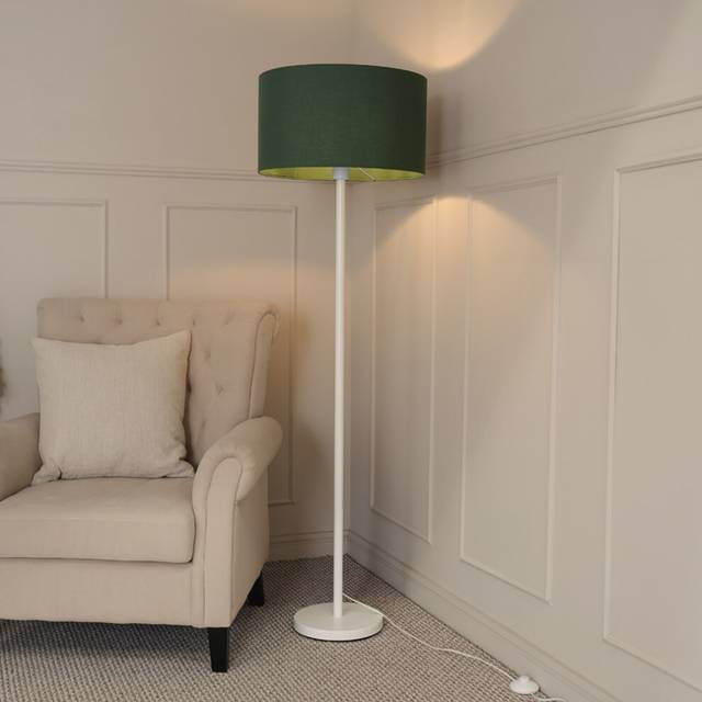 ValueLights Charlie Forest Green Drum Shade White Single Stem LED Floor Lamp - 148 x 45 x 45cm