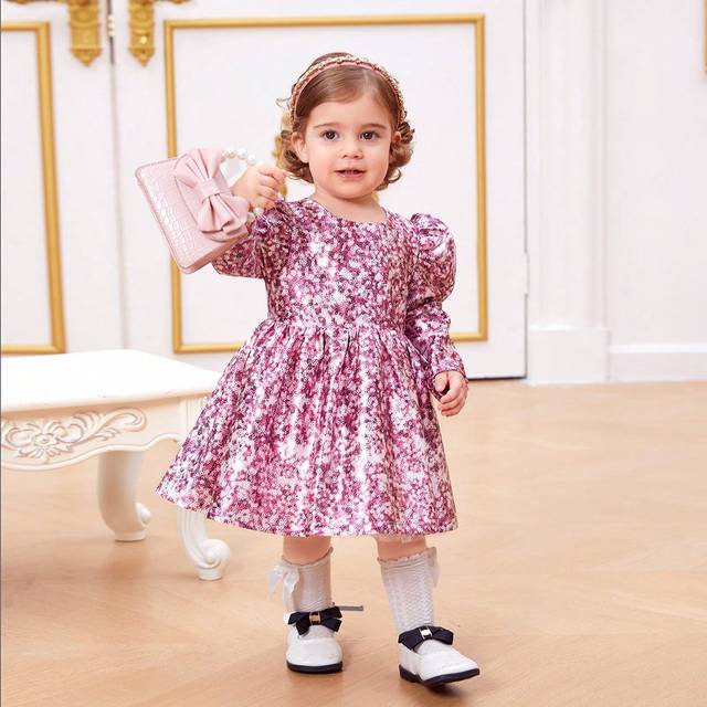 SHEIN Baby Girls&#39; Gorgeous Beaded Pattern Puff Sleeves Bubble Hem Long Sleeve Dress, Formal Attire
