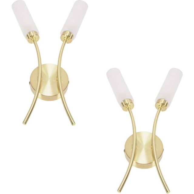 Maya Pair of 2 Way Curved Upright Reed Shaded Wall Lights with LED Bulbs - Gold - One Size