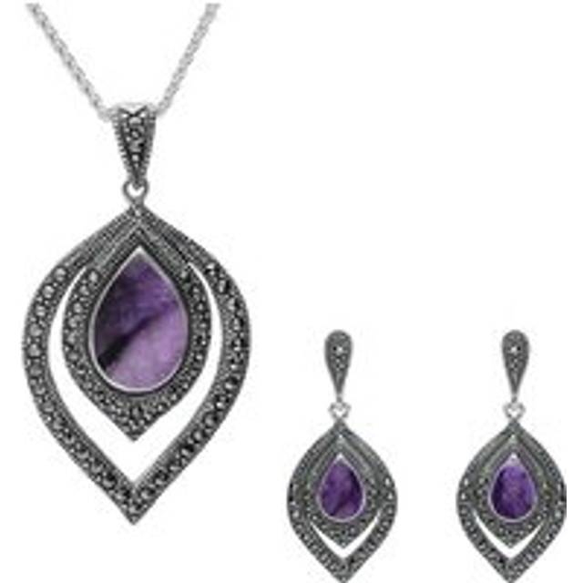 Sterling Silver Blue John and Marcasite Fancy Pear Drop Two Piece Set - Silver