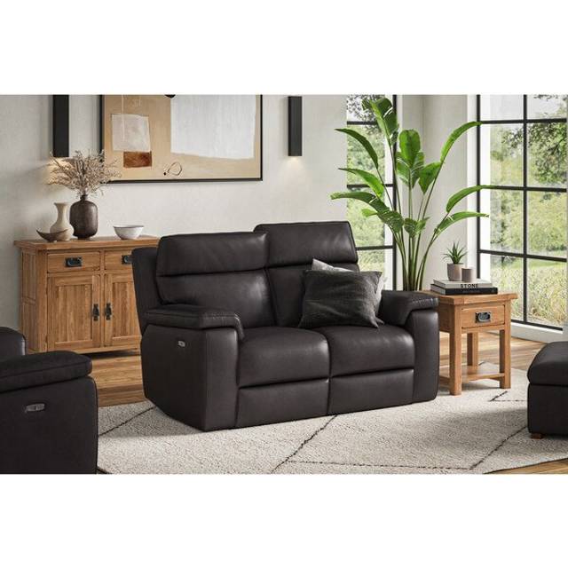 Virgo Black Leather Sofas - 2 Seater Electric Recliner Sofa with Power Headrest - Selby Range - Oak Furnitureland