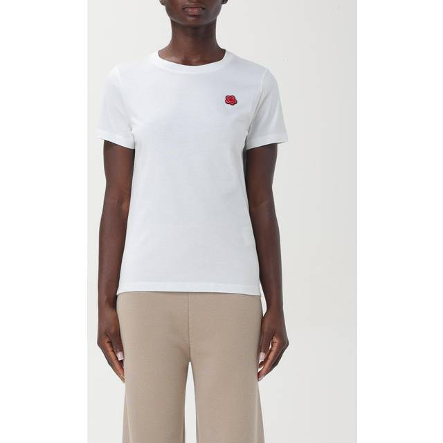 Kenzo, Topp, Dam, M, Bomull, T-shirt med blommotiv och logopatch - white (M)