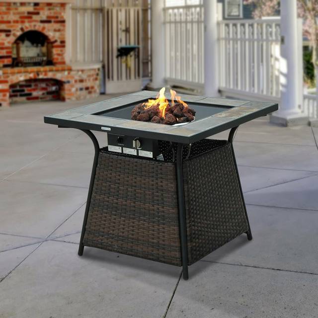 Rohoman Outsunny Table with Fire Pit - Black;Brown (69cm H X 80cm W X 80cm D)