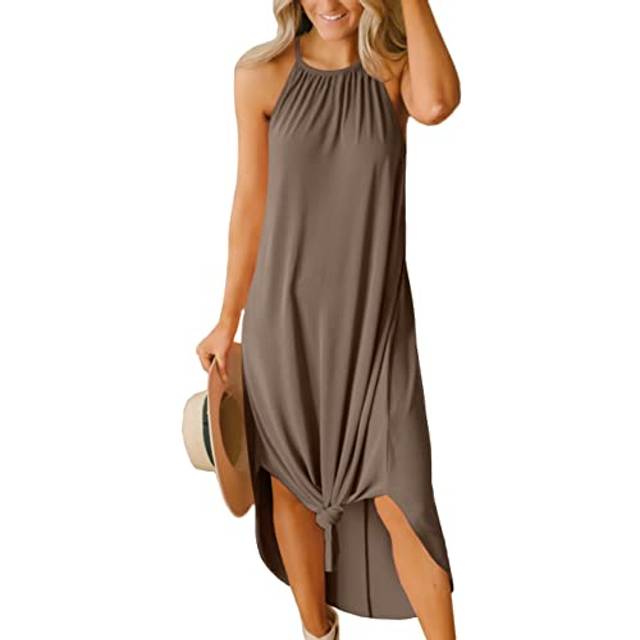 Womens Summer Casual Cotton Side Slit Halter Maxi Sleeveless Long Dresses Khaki L
