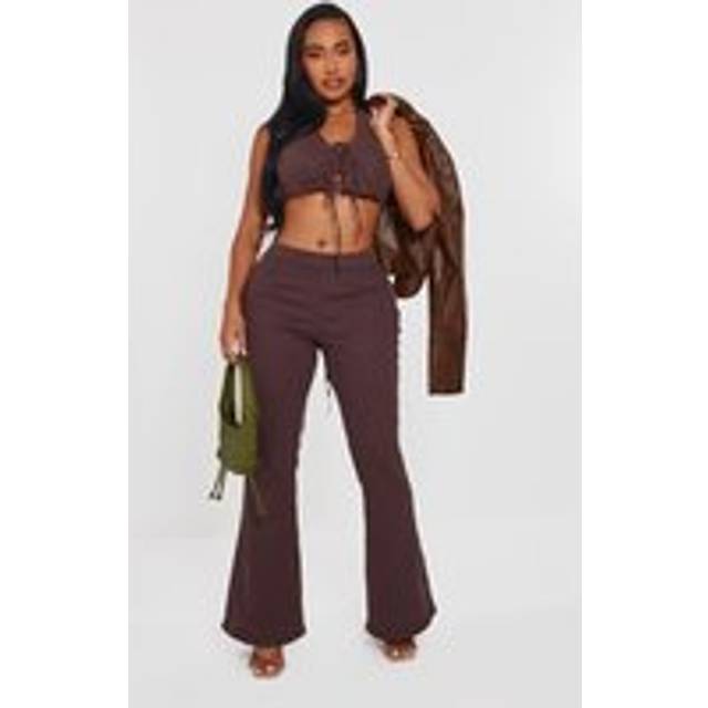 Shape Brown Denim Lace Up Back Flare Jeans, Brown - 6