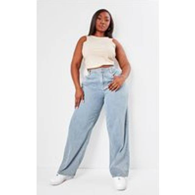 Plus Washed Blue Pinstripe Denim Boyfriend Straight Leg Jeans, Washed Blue - 18