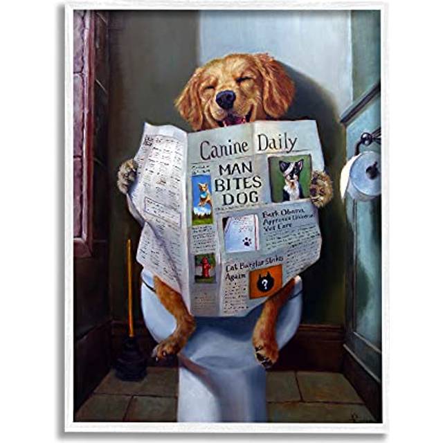 Stupell Industries Dog Reading the Newspaper On Toilet Funny Painting Framed Giclee Art Design by Lucia Heffernan
