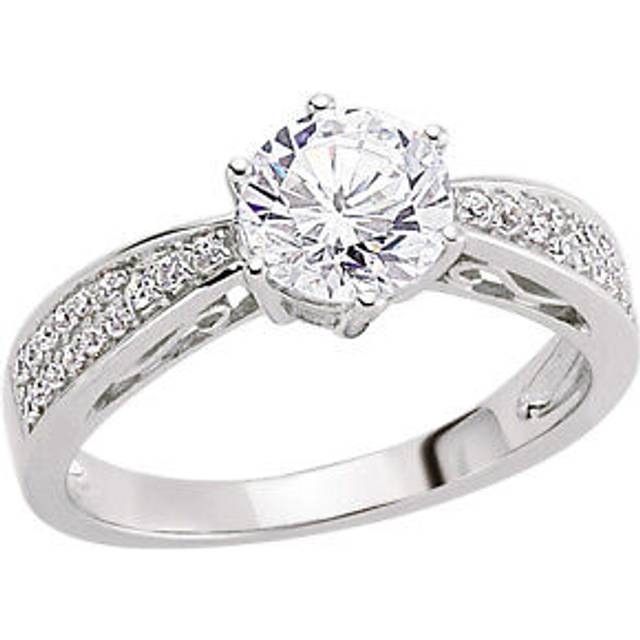 (L) Jewelco London Ladies Rhodium Plated Sterling Silver Cubic Zirconia Shoulder-Set 6 Claw Solitaire Engagement Ring