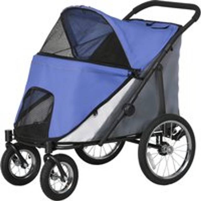 Pawhut Foldable Pet Stroller With Washable Cushion, Storage Bags, Safety Leash For Medium And Large Dogs Cats Travel, Blue