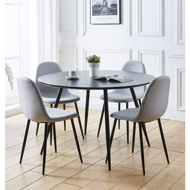 Cullompton Large Black Dining Room Set of 4, 120cm Round Table Wooden Effect Top and Grey Fabric Chairs, Kitchen Table and Chair Set for Home and